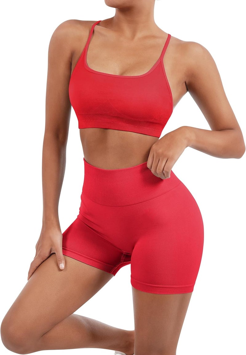 SUUKSESS Women Seamless Workout Sets Strappy Sports Bra High Waist Booty Shorts Outfits - Image 4